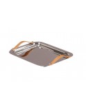 BANDEJA RECTANGULAR MEDIANA EN ACERO CON ASAS EN CUERO.
