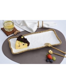 BANDEJA MEDIANA RECTANGULAR PORCELANA BLANCA FILO DORADO