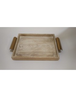 BANDEJA RECTANGULAR EN MADERA CON ASAS DORADAS