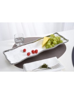 BANDEJA RECTANGULAR  EN PORCELANA BLANCA C/ FILO PLATEADO