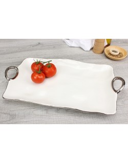 BANDEJA RECTANGULAR C/ ASAS BLANCO FILO PLATEADO