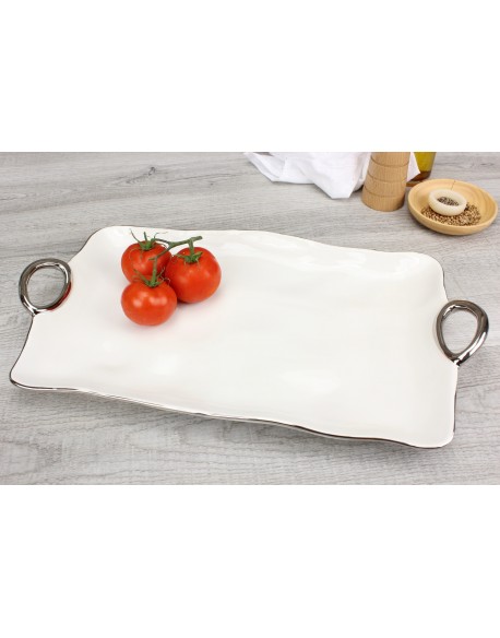 BANDEJA RECTANGULAR C/ ASAS BLANCO FILO PLATEADO