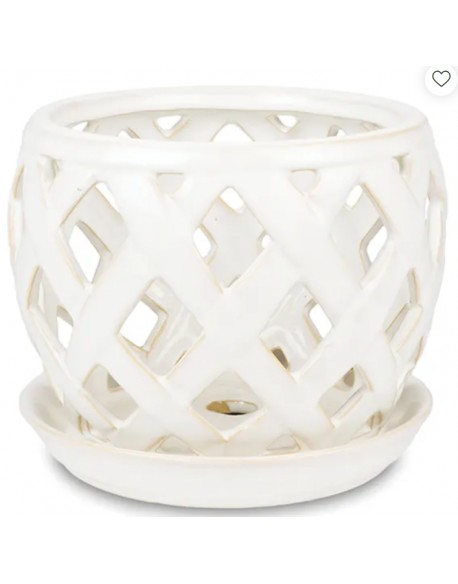 PORTA MACETA C/ PLATITO BLANCO HUESO