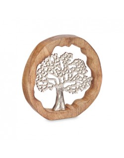 ARBOL DE LA VIDA METAL PLATEADO BASE EN MADERA CIRCULAR