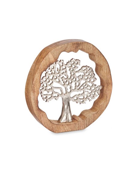 ARBOL DE LA VIDA METAL PLATEADO BASE EN MADERA CIRCULAR