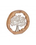 ARBOL DE LA VIDA METAL PLATEADO BASE EN MADERA CIRCULAR