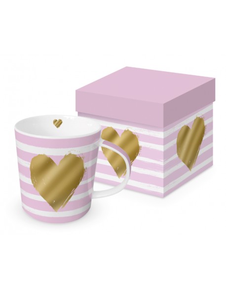 TAZA EN CAJA DECORATIVA MOD: CORAZÓN Y RAYAS ROSA