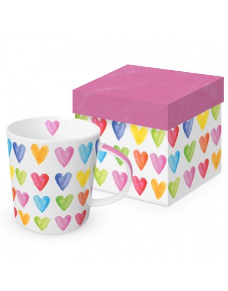 TAZA C/CAJA DECORATIVA MOD: CORAZONES EN ACUARELLA
